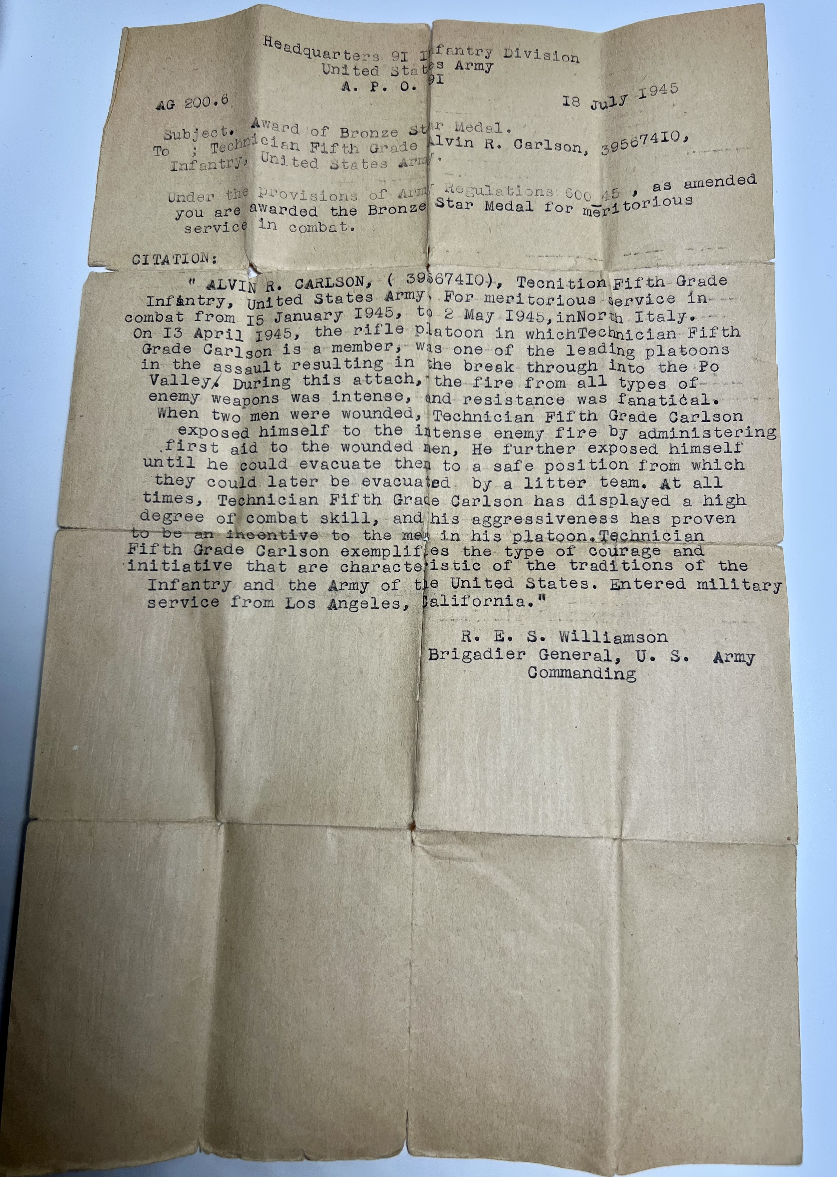 Bronze Star Citation