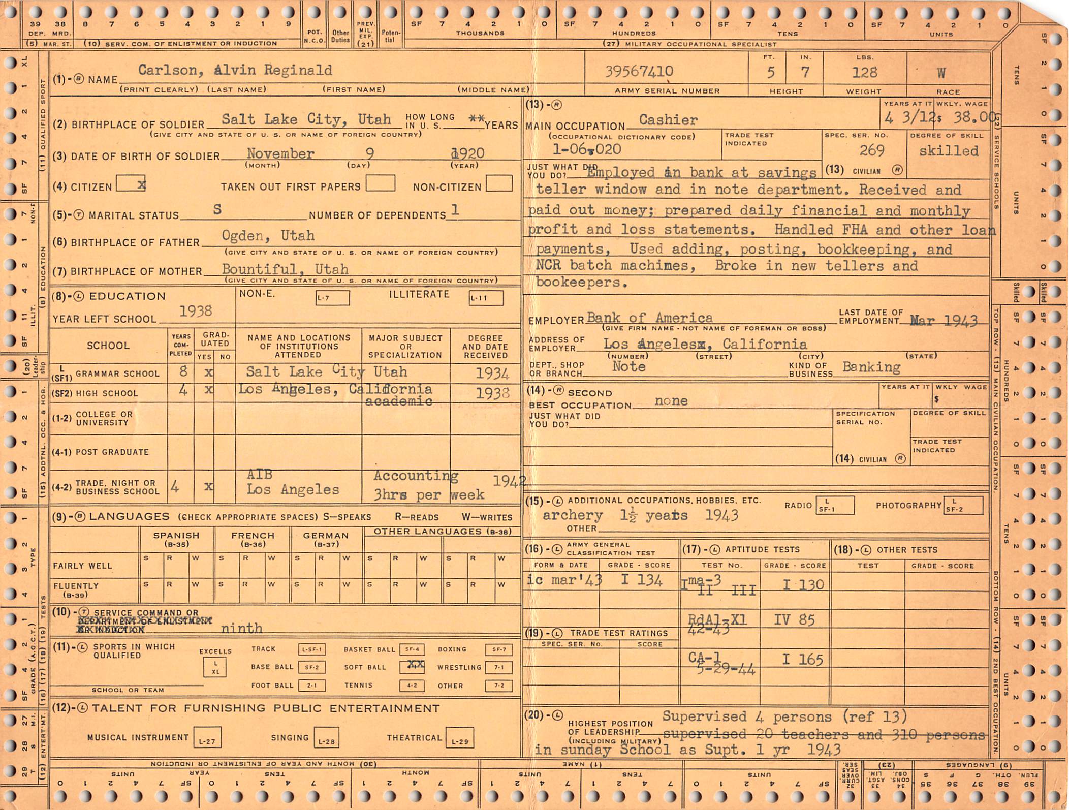 Army classification card