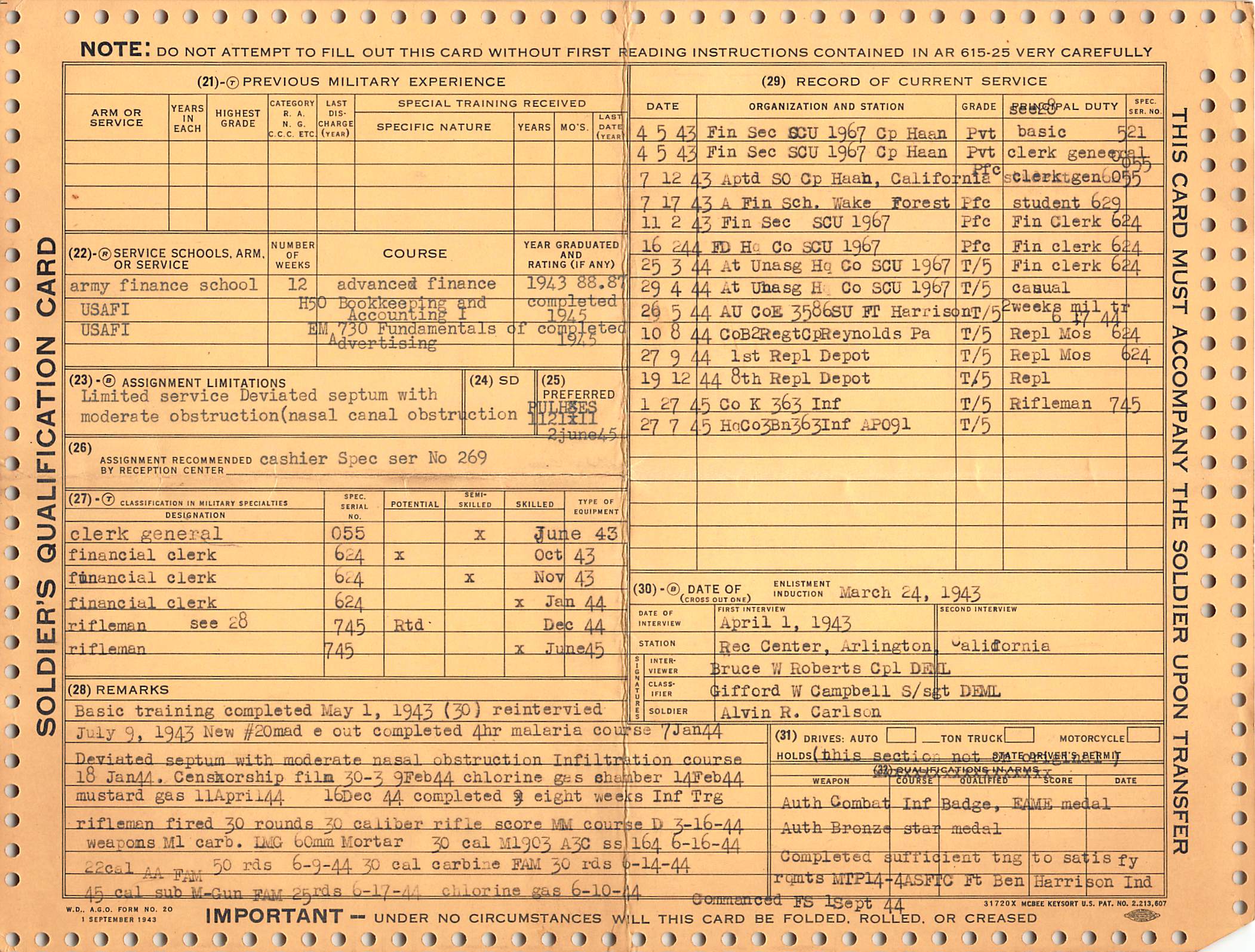 Soldier's qualification card