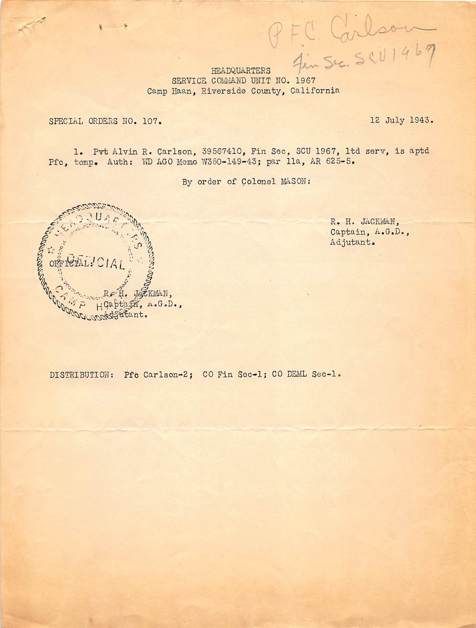 Promotion to PFC July 1943