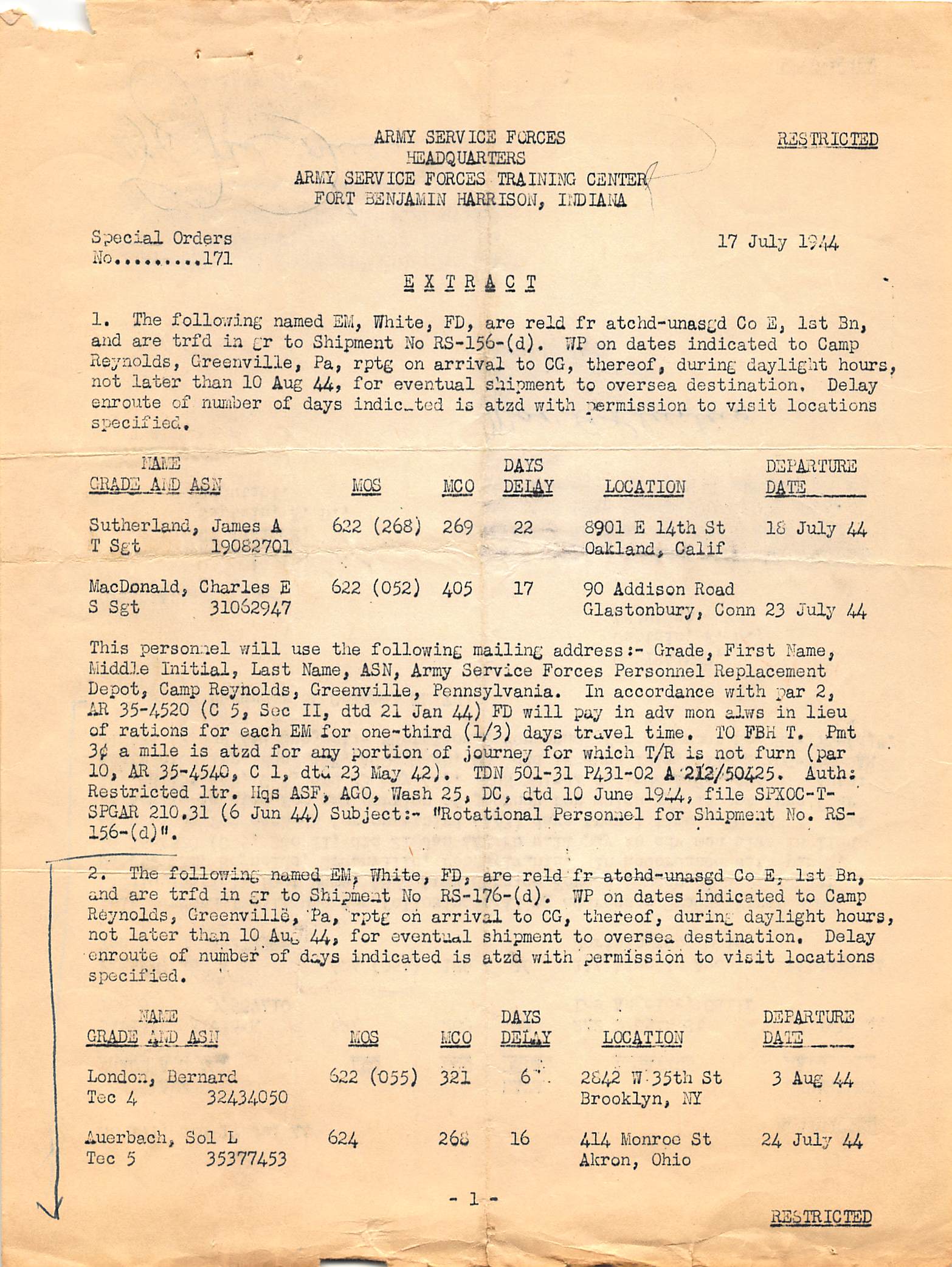 Overseas shipment orders July 1944