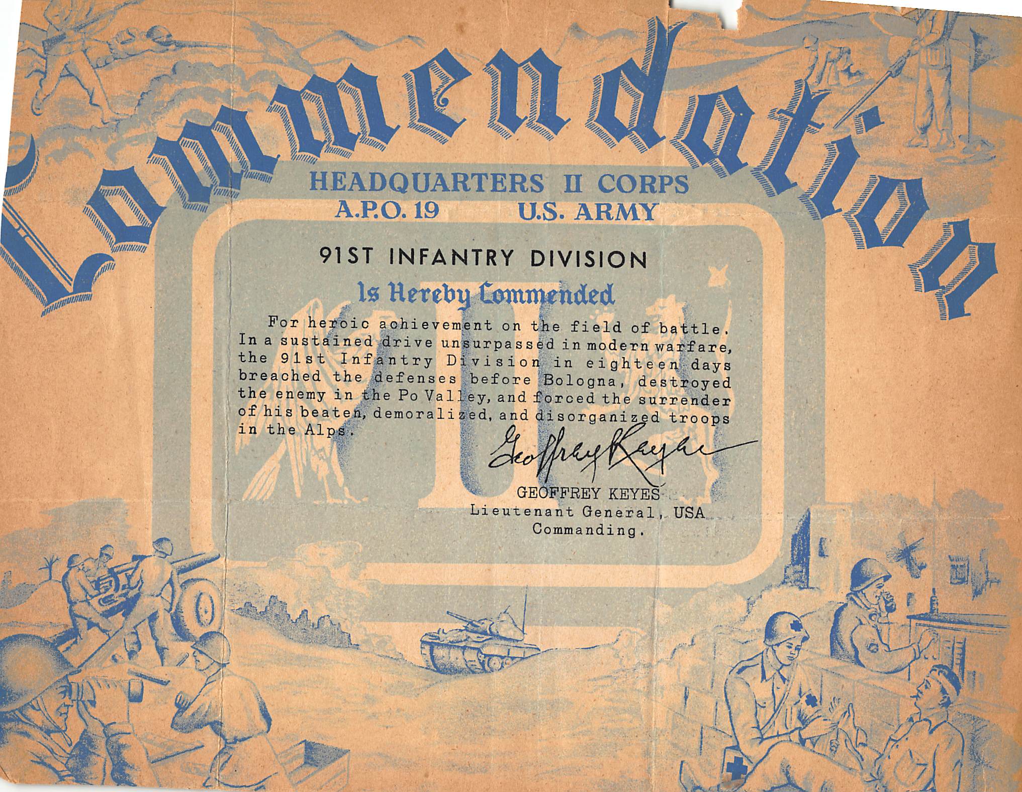 II Corps commendation for 91st Infantry Division