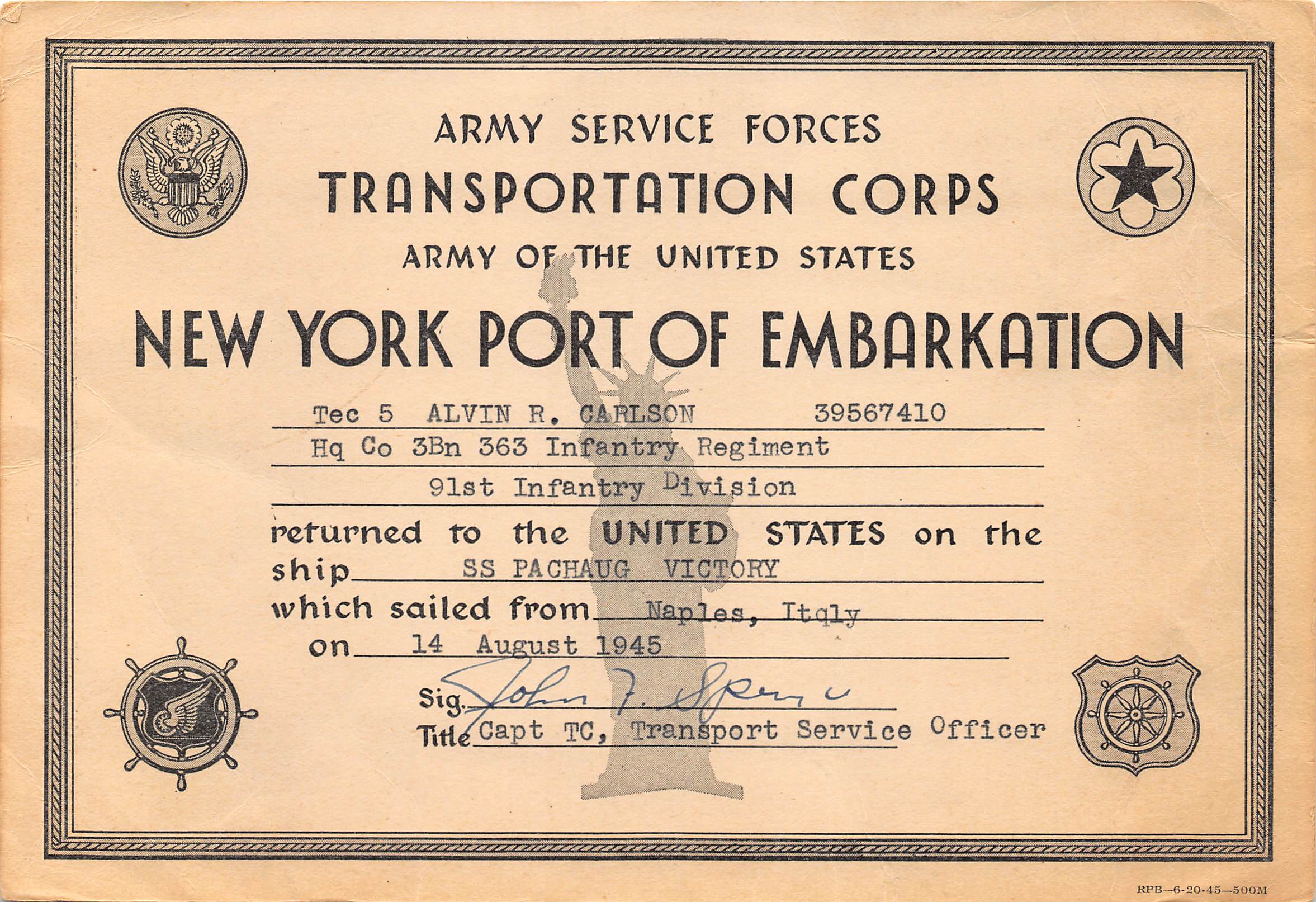 New York Port of Embarkation certificate