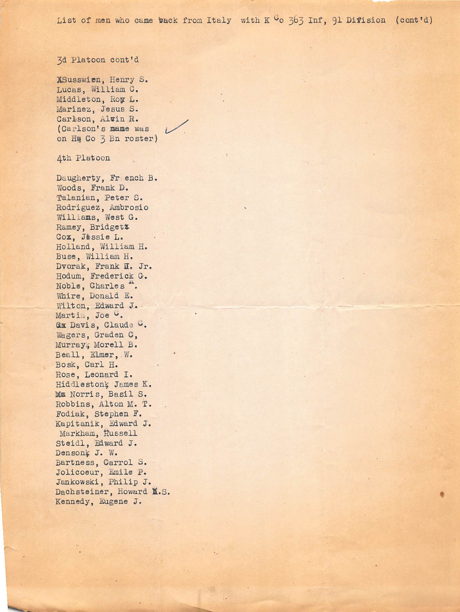 K Company roster continuation with Carlson listed