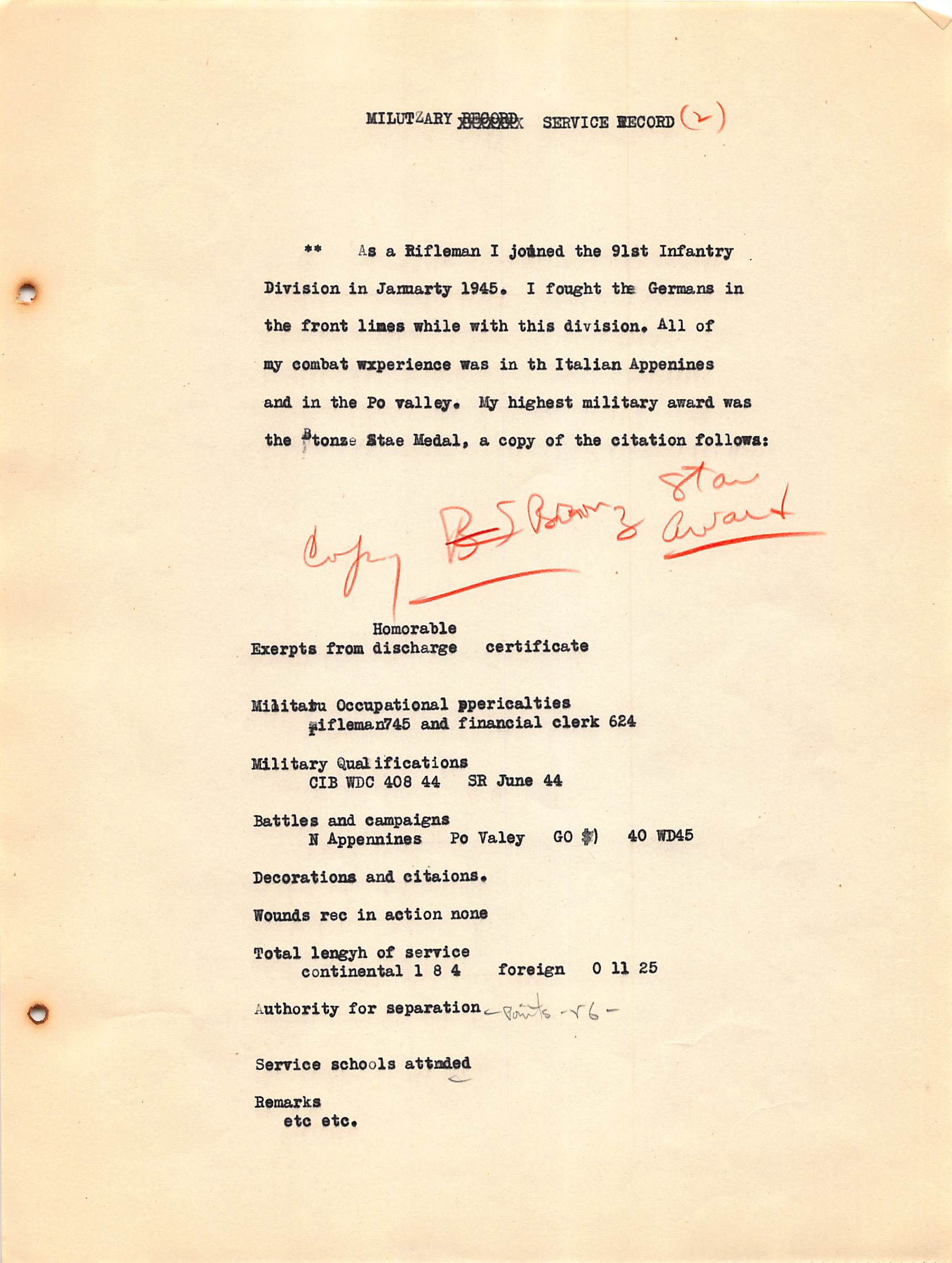 Service Record as a Rifleman