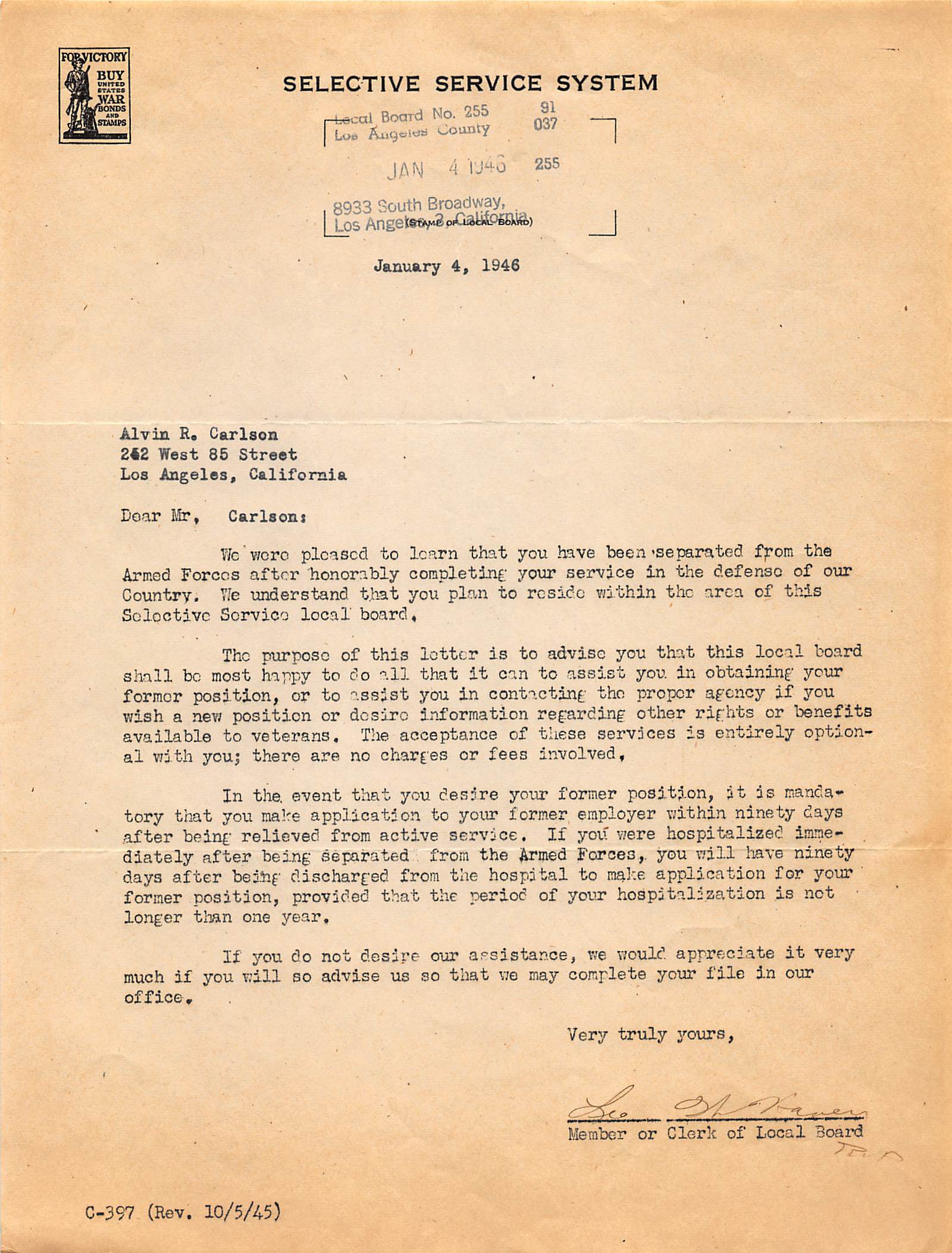 Welcome home letter from Selective Service