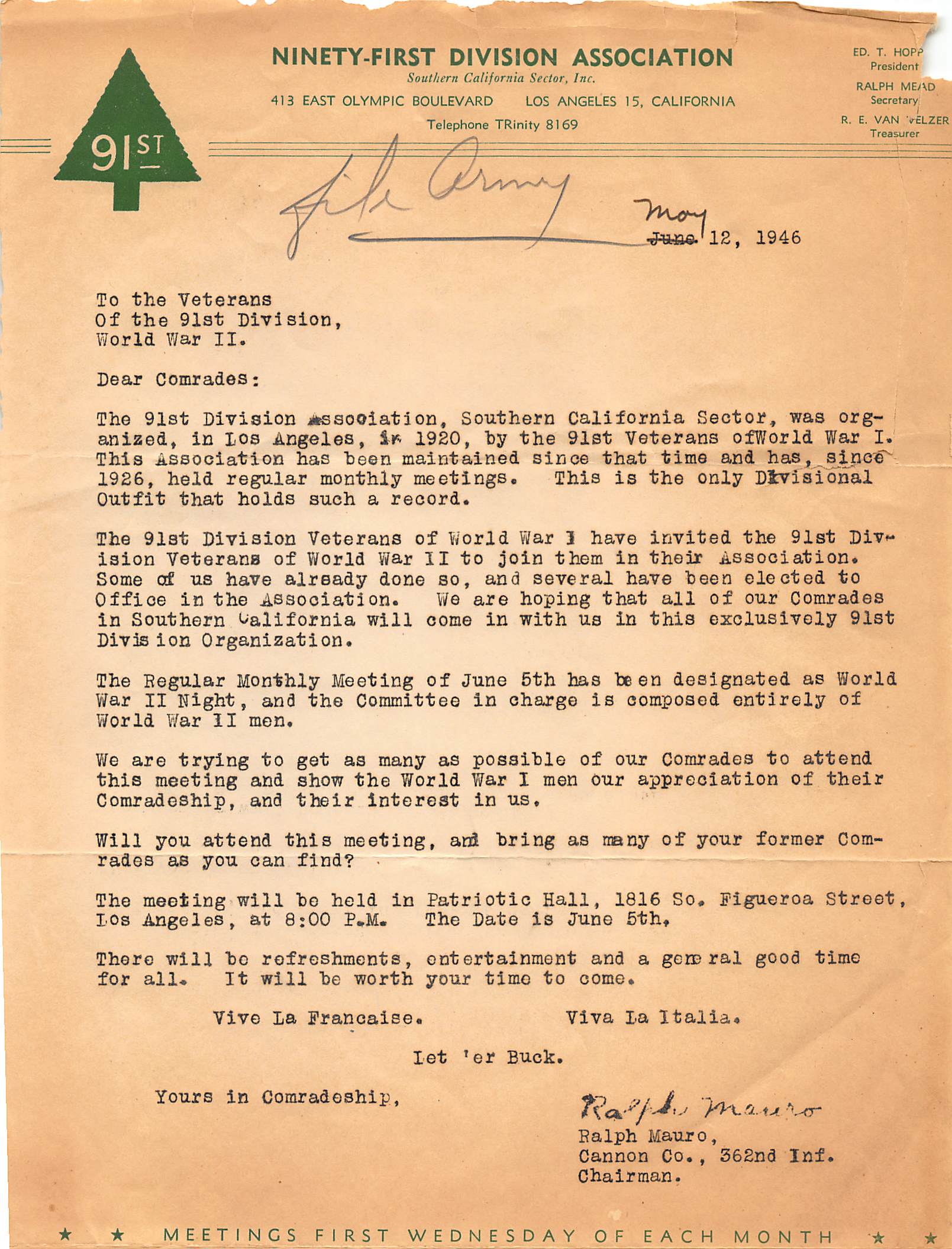 91st Division Association reunion invitation