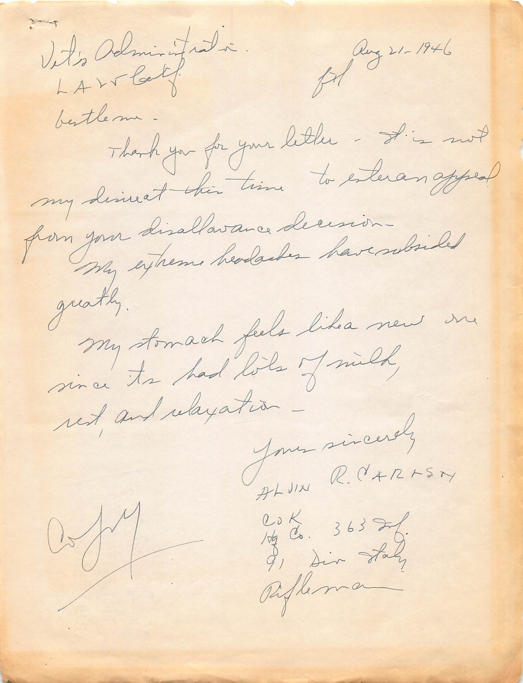 Reginald's handwritten letter to VA declining appeal